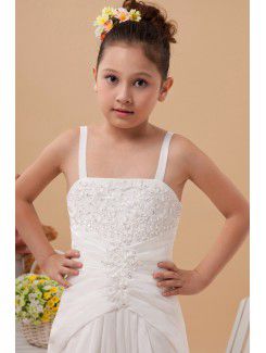 Satin Straps Floor Length A-line Flower Girl Dress with Embroidered