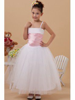 Tafetá e organza tiras no tornozelo comprimento vestido de baile vestido da menina flor com plissado