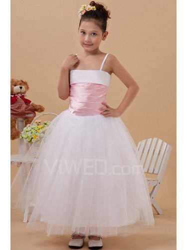 Tafetá e organza tiras no tornozelo comprimento vestido de baile vestido da menina flor com plissado