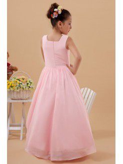 Taffeta Square Floor Length Ball Gown Flower Girl Dress with Hand-made Flower