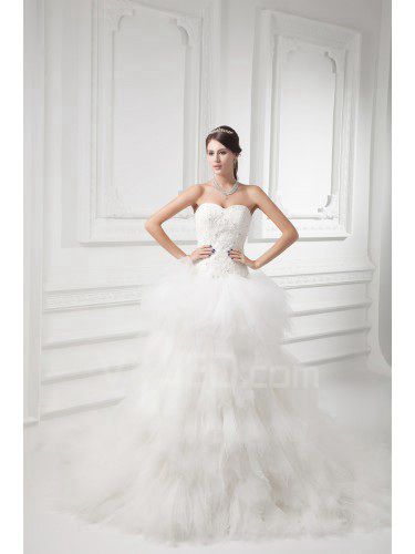 Satin and Net Sweetheart A-line Sweep Train Embroidered Wedding Dress