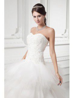 Satin and Net Sweetheart A-line Sweep Train Embroidered Wedding Dress