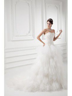 Satin and Net Sweetheart A-line Sweep Train Embroidered Wedding Dress