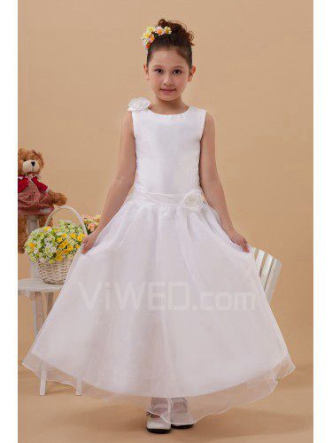 Cetim e organza jóia do tornozelo-comprimento flor uma linha vestido da menina