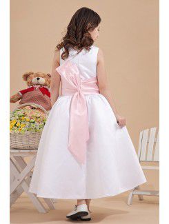 Satin Jewel Ankle-Length Ball Gown Flower Girl Dress with Bow