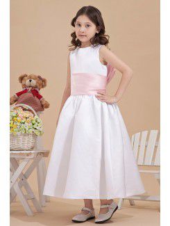 Satin Jewel Ankle-Length Ball Gown Flower Girl Dress with Bow