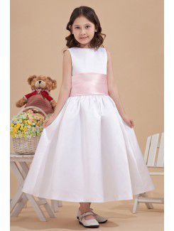 Satin Jewel Ankle-Length Ball Gown Flower Girl Dress with Bow