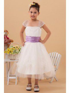 Organza Square Tea-Length A-line Flower Girl Dress with Cap-Sleeves