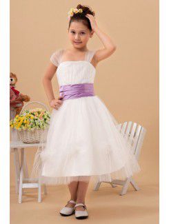 Organza Square Tea-Length A-line Flower Girl Dress with Cap-Sleeves