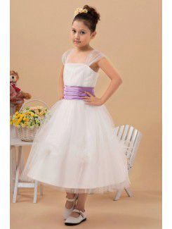 Organza Square Tea-Length A-line Flower Girl Dress with Cap-Sleeves