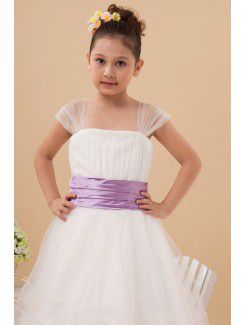 Organza Square Tea-Length A-line Flower Girl Dress with Cap-Sleeves