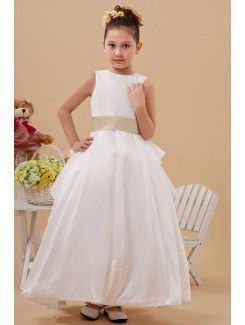 Satin Jewel Ankle-Length A-line Flower Girl Dress with Embroidered