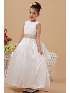 Satin Jewel Ankle-Length A-line Flower Girl Dress with Embroidered