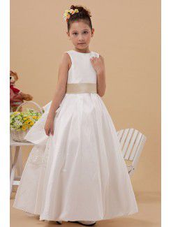 Satin Jewel Ankle-Length A-line Flower Girl Dress with Embroidered