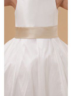 Satin Jewel Ankle-Length A-line Flower Girl Dress with Embroidered