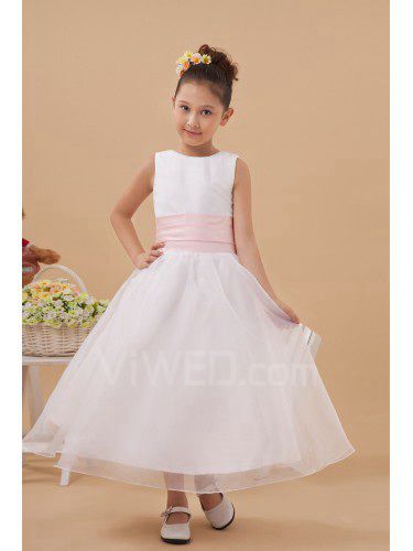 Satin and Organza Jewel Tea-Length A-line Flower Girl Dress