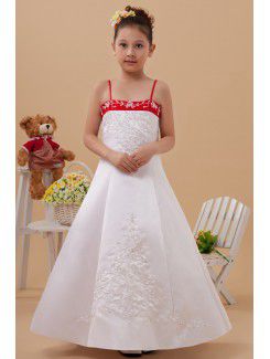 Satin Spaghetti Straps Ankle-Length A-line Flower Girl Dress with Embroidered