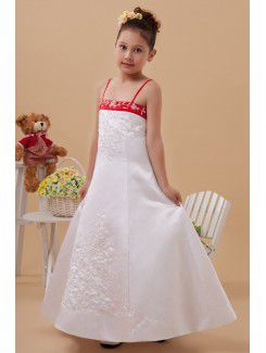 Satin Spaghetti Straps Ankle-Length A-line Flower Girl Dress with Embroidered