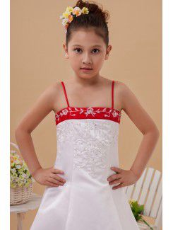 Satin Spaghetti Straps Ankle-Length A-line Flower Girl Dress with Embroidered