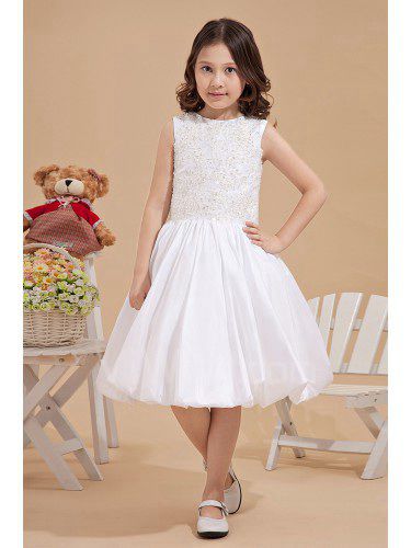 Satin Jewel Knee-Length Ball Gown Flower Girl Dress with Embroidered