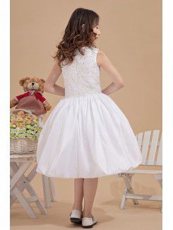 Satin Jewel Knee-Length Ball Gown Flower Girl Dress with Embroidered