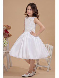 Satin Jewel Knee-Length Ball Gown Flower Girl Dress with Embroidered