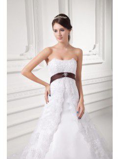 Satin and Lace Scoop A-line Sweep Train Embroidered Wedding Dress