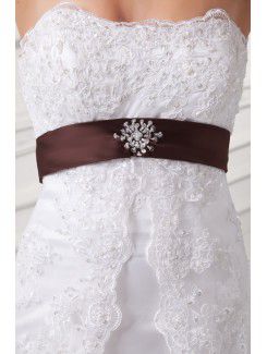 Satin and Lace Scoop A-line Sweep Train Embroidered Wedding Dress