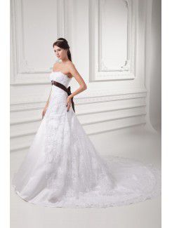 Satin and Lace Scoop A-line Sweep Train Embroidered Wedding Dress