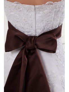 Satin and Lace Scoop A-line Sweep Train Embroidered Wedding Dress