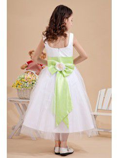 Tulle Jewel Tea-Length A-Line Flower Girl Dress with Bow