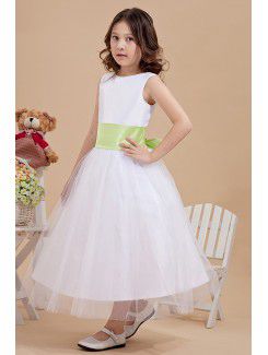 Tulle Jewel Tea-Length A-Line Flower Girl Dress with Bow