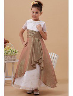 Taffeta and Organza Jewel Ankle-Length A-Line Flower Girl Dress with Short Sleeves