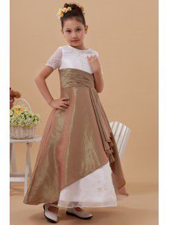 Taffeta and Organza Jewel Ankle-Length A-Line Flower Girl Dress with Short Sleeves