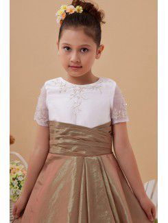 Taffeta and Organza Jewel Ankle-Length A-Line Flower Girl Dress with Short Sleeves