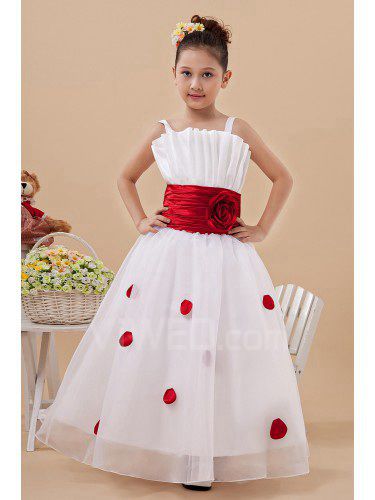 Satin Straps Ankle-Length A-Line Flower Girl Dress with Hand-made Flower