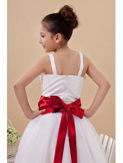 Satin Straps Ankle-Length A-Line Flower Girl Dress with Hand-made Flower