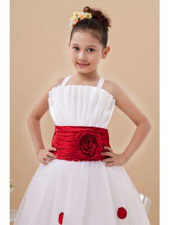 Satin Straps Ankle-Length A-Line Flower Girl Dress with Hand-made Flower