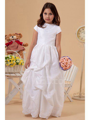 Taffeta Jewel Floor Length Ball Gown Flower Girl Dress with Embroidered and Cap-Sleeves