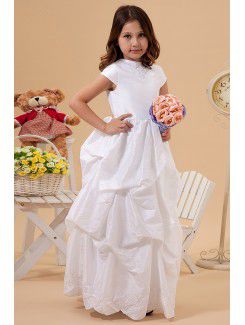 Taffeta Jewel Floor Length Ball Gown Flower Girl Dress with Embroidered and Cap-Sleeves