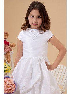 Taffeta Jewel Floor Length Ball Gown Flower Girl Dress with Embroidered and Cap-Sleeves