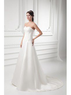 Satin Sweetheart A-line Sweep Train Embroidered Wedding Dress