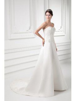 Satin Sweetheart A-line Sweep Train Embroidered Wedding Dress