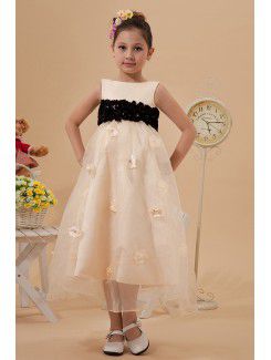 Organza and Satin Bateau Tea-length A-line Flower Girl Dress with Crystals