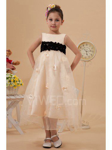 Organza et satin bateau thé longueur a-ligne robe fille de fleur avec cristaux