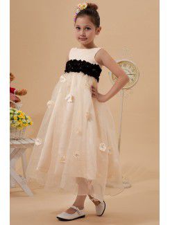 Organza and Satin Bateau Tea-length A-line Flower Girl Dress with Crystals