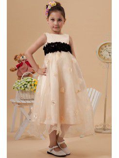 Organza and Satin Bateau Tea-length A-line Flower Girl Dress with Crystals