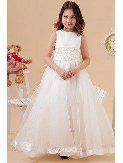 Satin and Organza Jewel Floor Length A-Line Flower Girl Dress with Embroidered