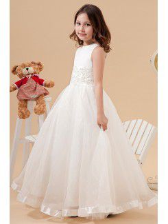 Satin and Organza Jewel Floor Length A-Line Flower Girl Dress with Embroidered