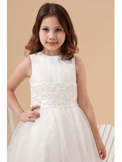 Satin and Organza Jewel Floor Length A-Line Flower Girl Dress with Embroidered